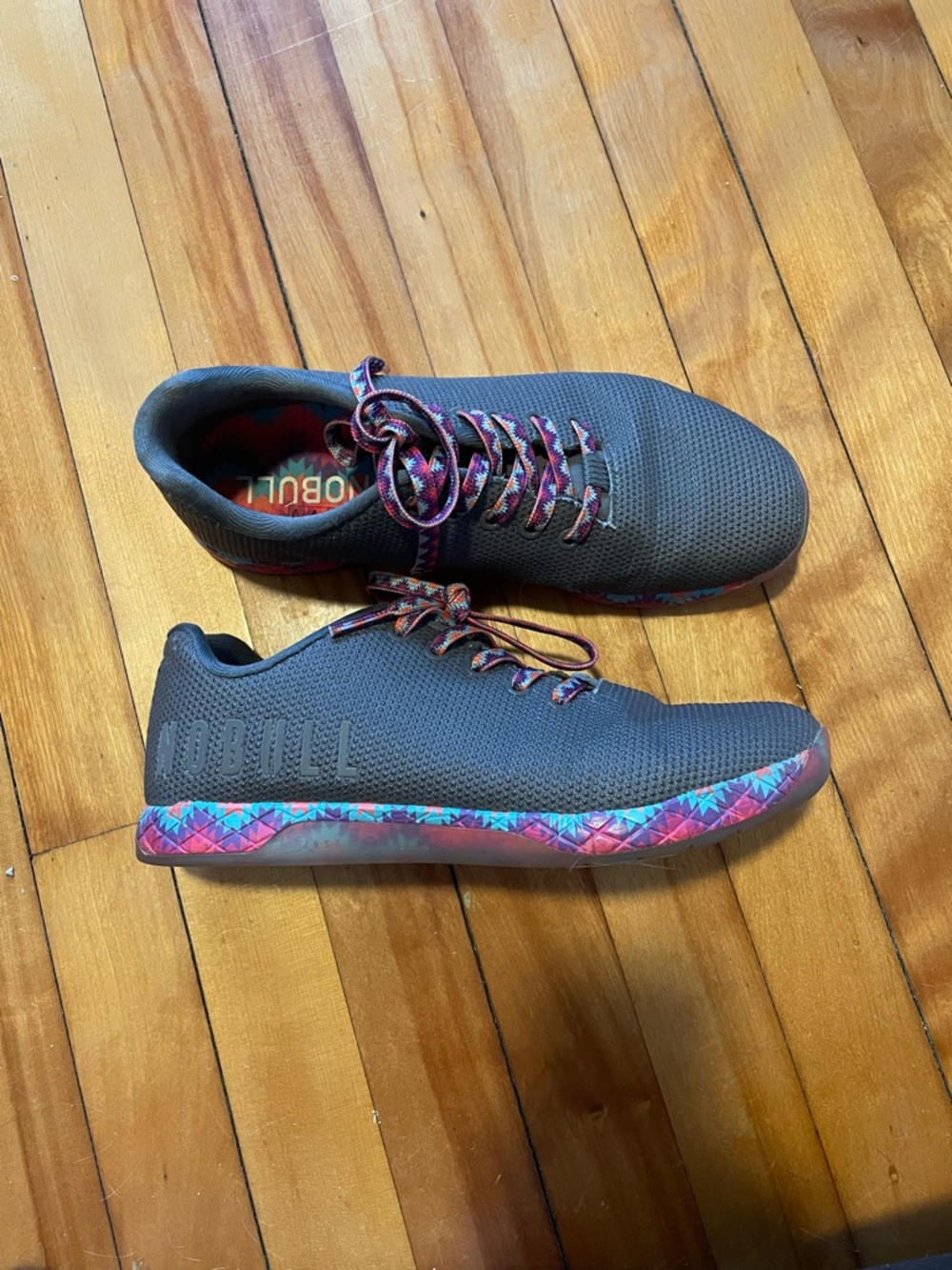 NOBULL Charcoal Knit Trainers with Pink & Blue Geometric Midsole